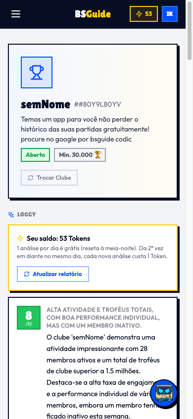 Tela do clube mostrando saldo de análises do Loggy e relatório de atividade do clube