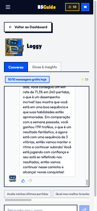 Conversa com o Loggy, coach de IA, respondendo sobre win rate e evolução recente